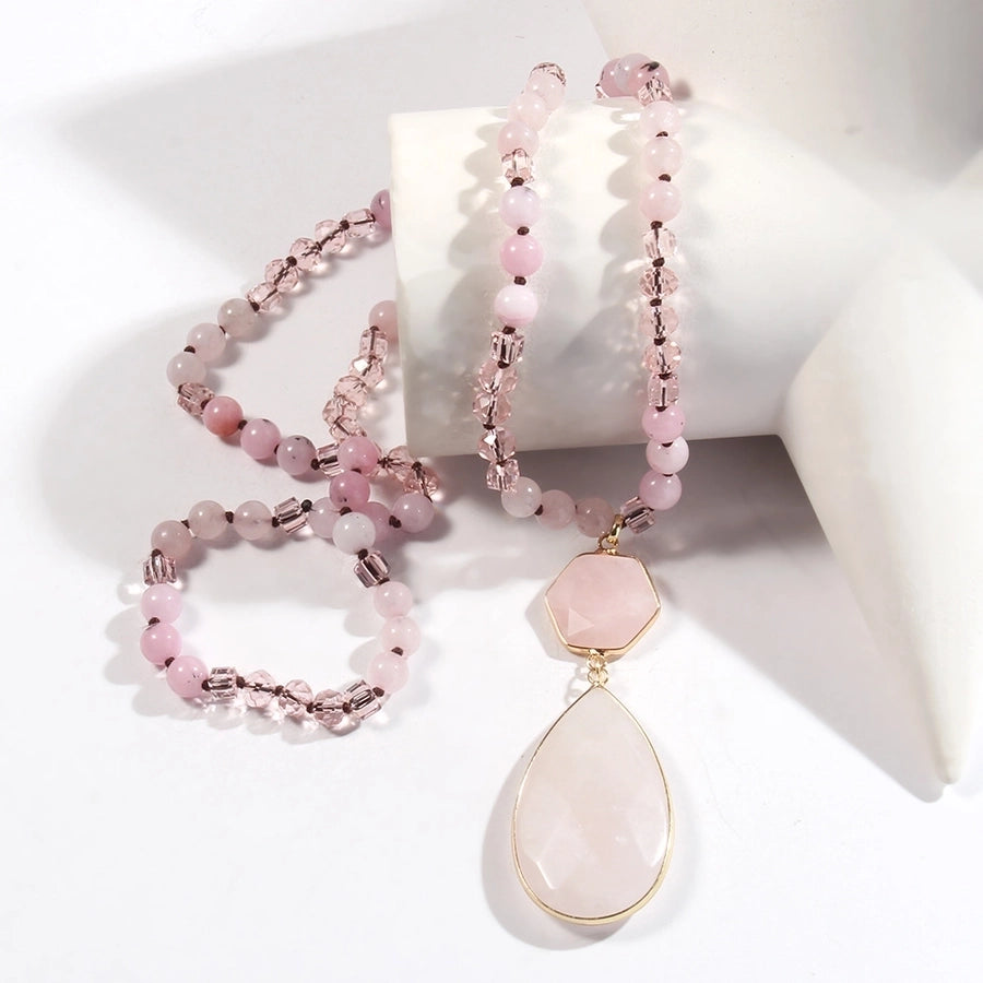 Bohemian Water Droplets natural stone Glass Pendant Necklace Sweater Chain In Bulk Natural stone necklace