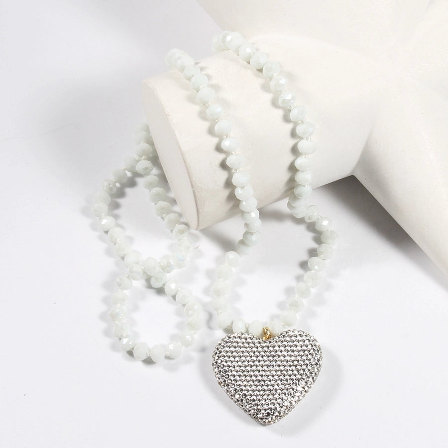 Shiny Heart Shape Glass Rhinestones Pendant Necklace Sweater Chain In Bulk Natural stone necklace