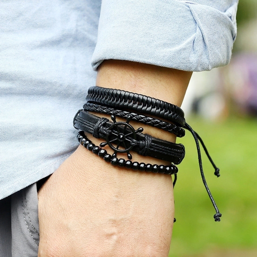new creative hand-woven black rudder leather bracelet