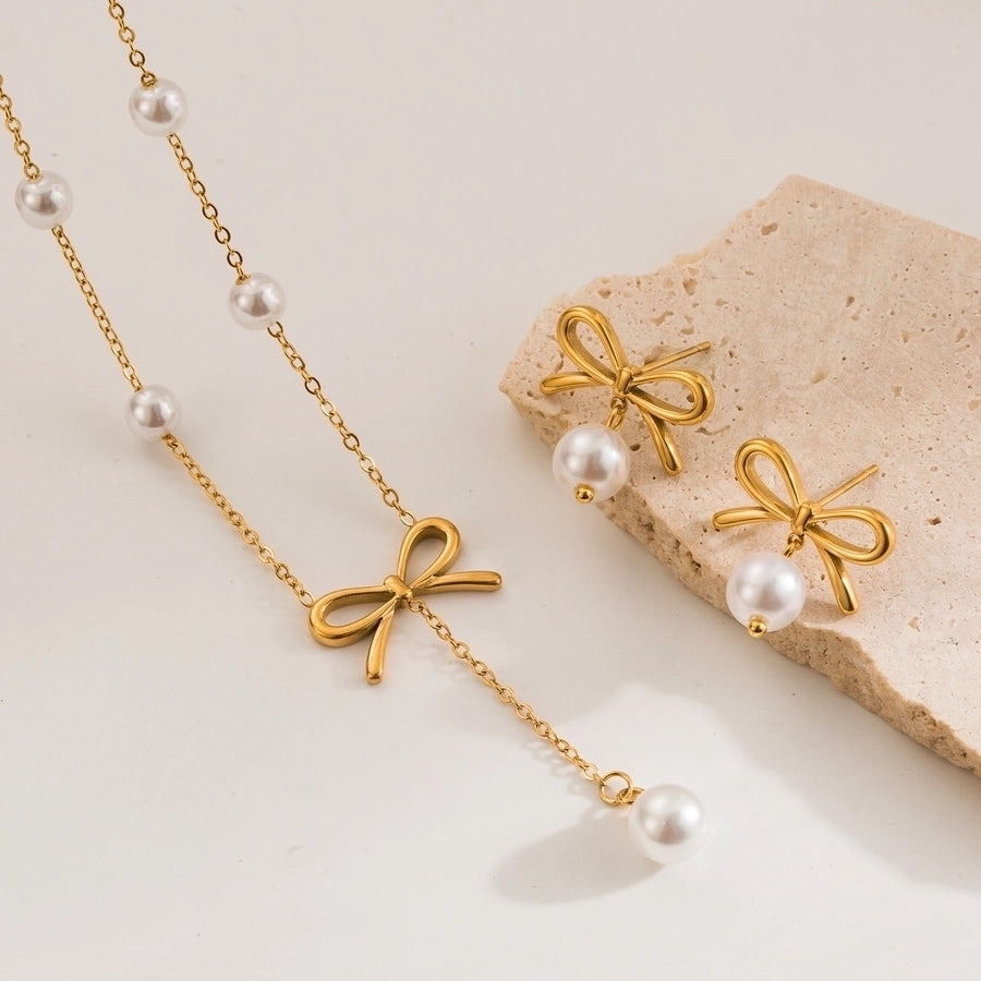 Jewelry Simple Style Classic Style Bow Knot 304 Stainless Steel Artificial Pearls 18K Gold Plated Jewelry Set