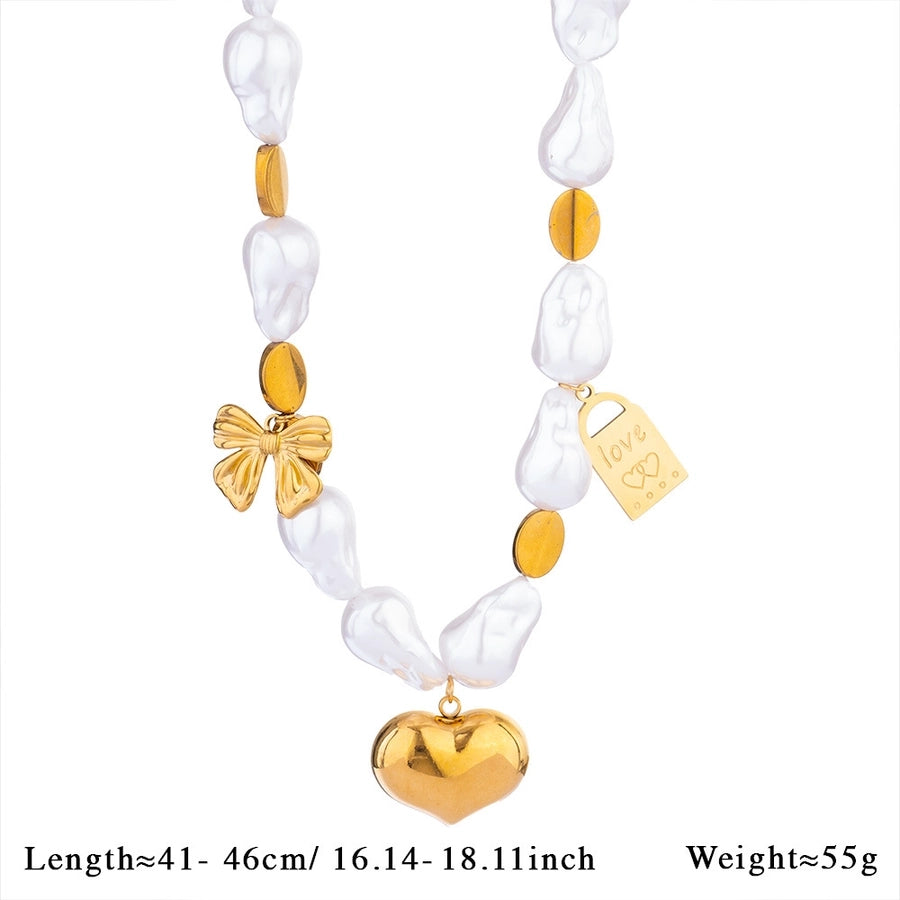316L Stainless Steel natural stone Freshwater Pearl Beaded Chain Beaded Heart Shape Butterfly Bow Knot Pendant Necklace Necklace