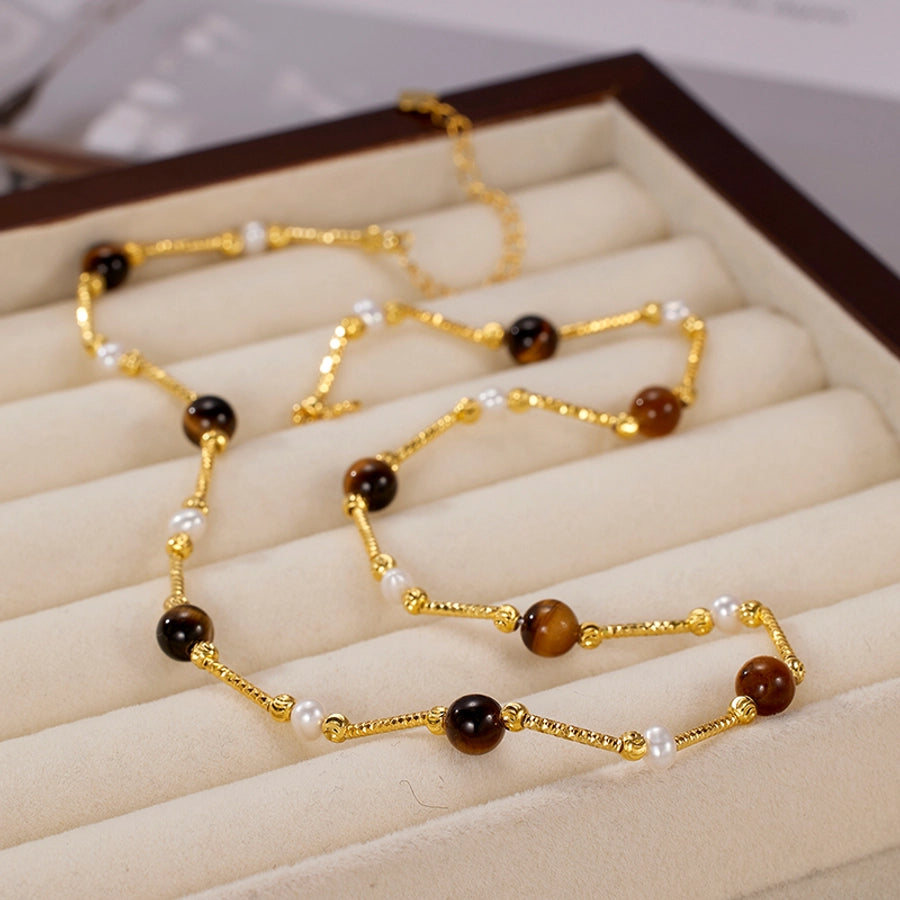 925 Sterling Silver Tiger Eye Long-Lasting Plated Beaded Pearl Plating Geometric Necklace