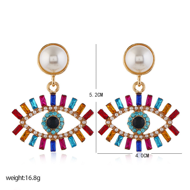 fashion exaggerated devil's eye pearl alloy inlaid colored diamonds earrings