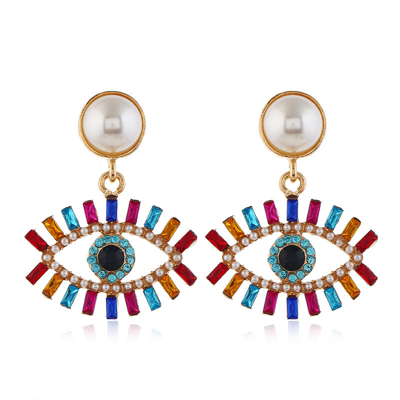 fashion exaggerated devil's eye pearl alloy inlaid colored diamonds earrings