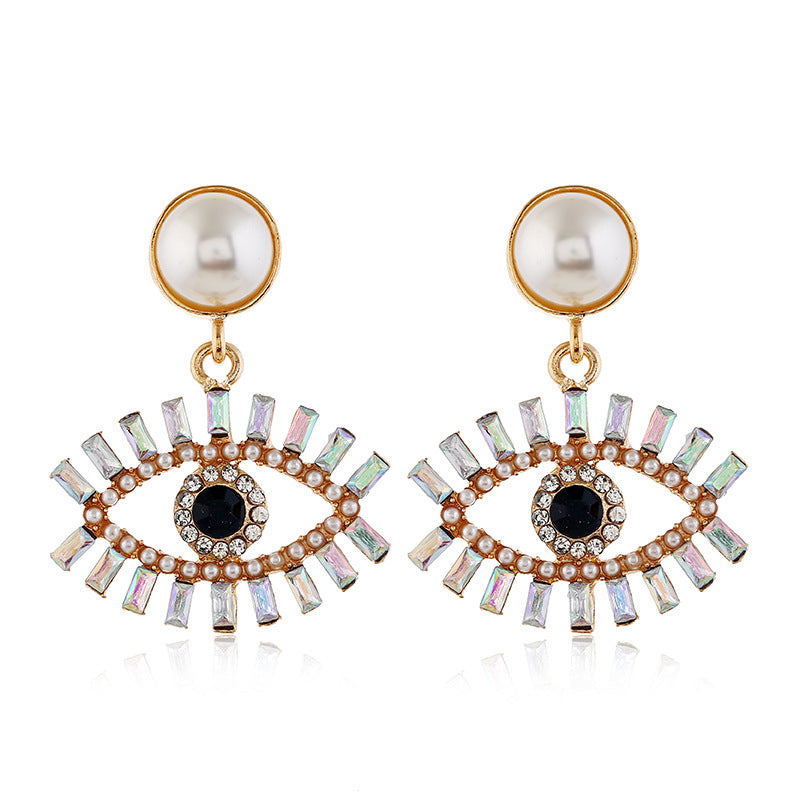 fashion exaggerated devil's eye pearl alloy inlaid colored diamonds earrings