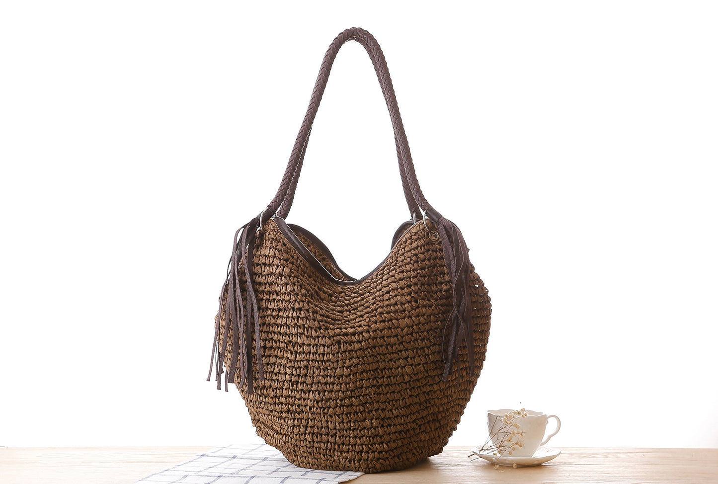 new straw simple braided tassel shoulder beach bucket women's bag38*30*20cm