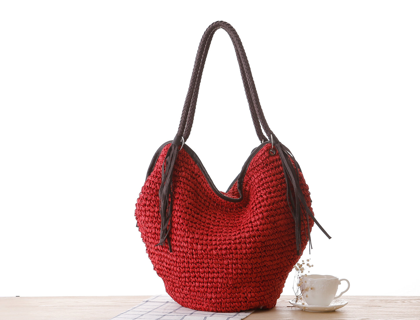 new straw simple braided tassel shoulder beach bucket women's bag38*30*20cm