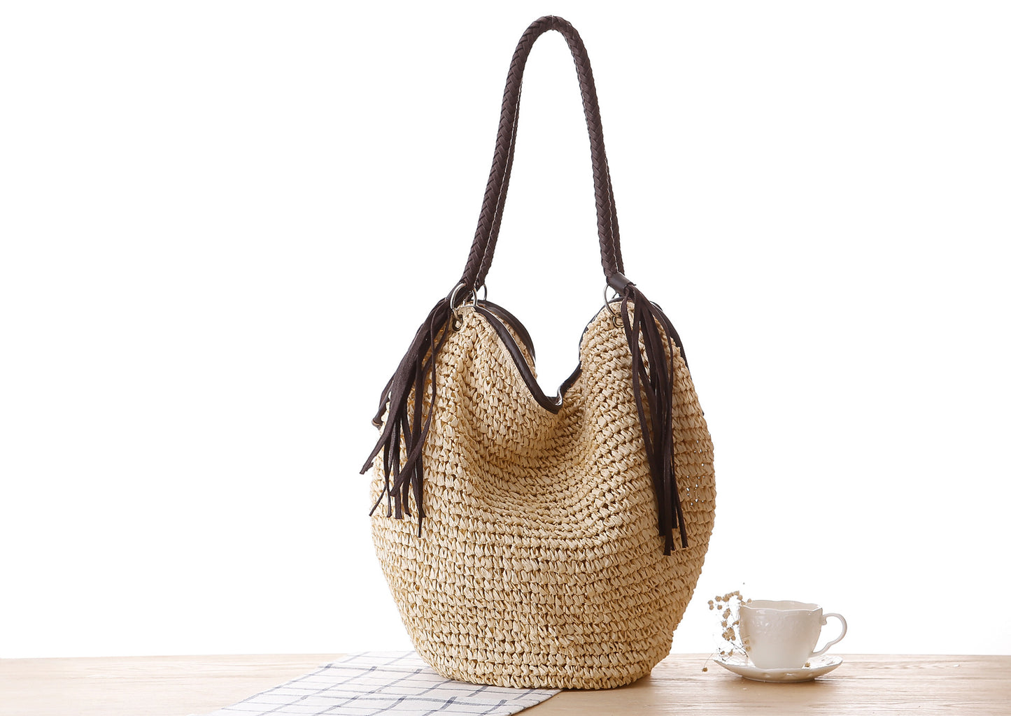 new straw simple braided tassel shoulder beach bucket women's bag38*30*20cm