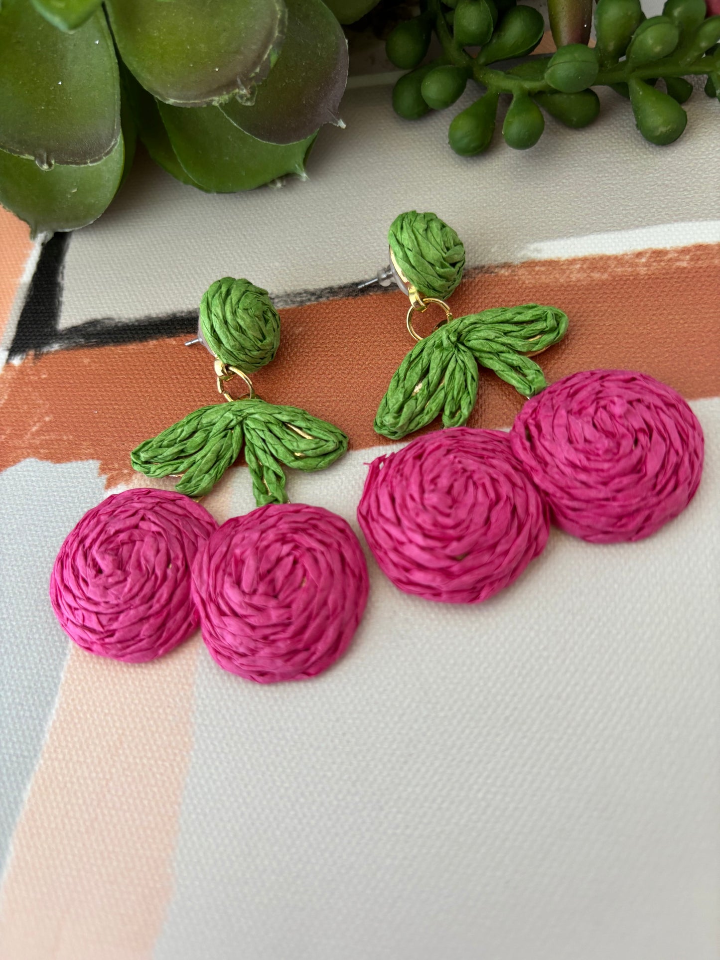 CEREZA VIVA                                                                                                                                                                                   1 Pair Vacation Beach Commute Cherry raffia Drop Earrings