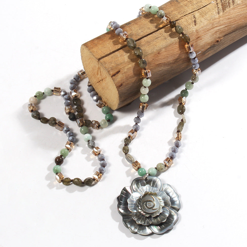 Retro Flower Semi-precious stone Glass Shell  Sweater Chain In Bulk Natural stone necklace