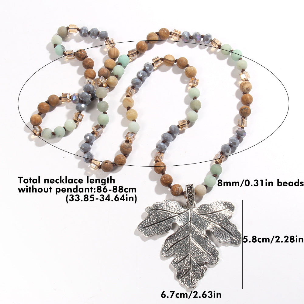 Retro Leaf Alloy natural stone Glass  Pendant Necklace Sweater Chain In Bulk Natural stone necklace