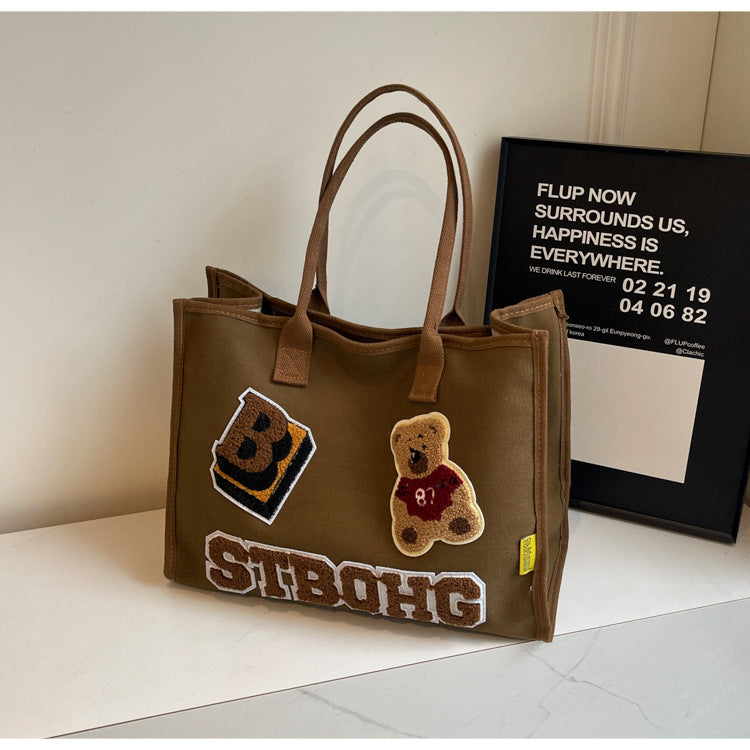 Women's Large Canvas Letter Bear Elegant Classic Style Streetwear Sewing Thread Square Zipper Tote Bag