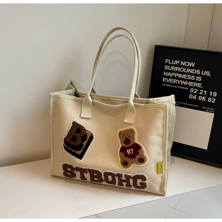 Women's Large Canvas Letter Bear Elegant Classic Style Streetwear Sewing Thread Square Zipper Tote Bag