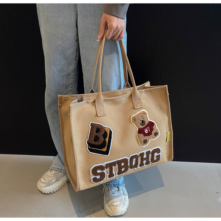 Women's Large Canvas Letter Bear Elegant Classic Style Streetwear Sewing Thread Square Zipper Tote Bag