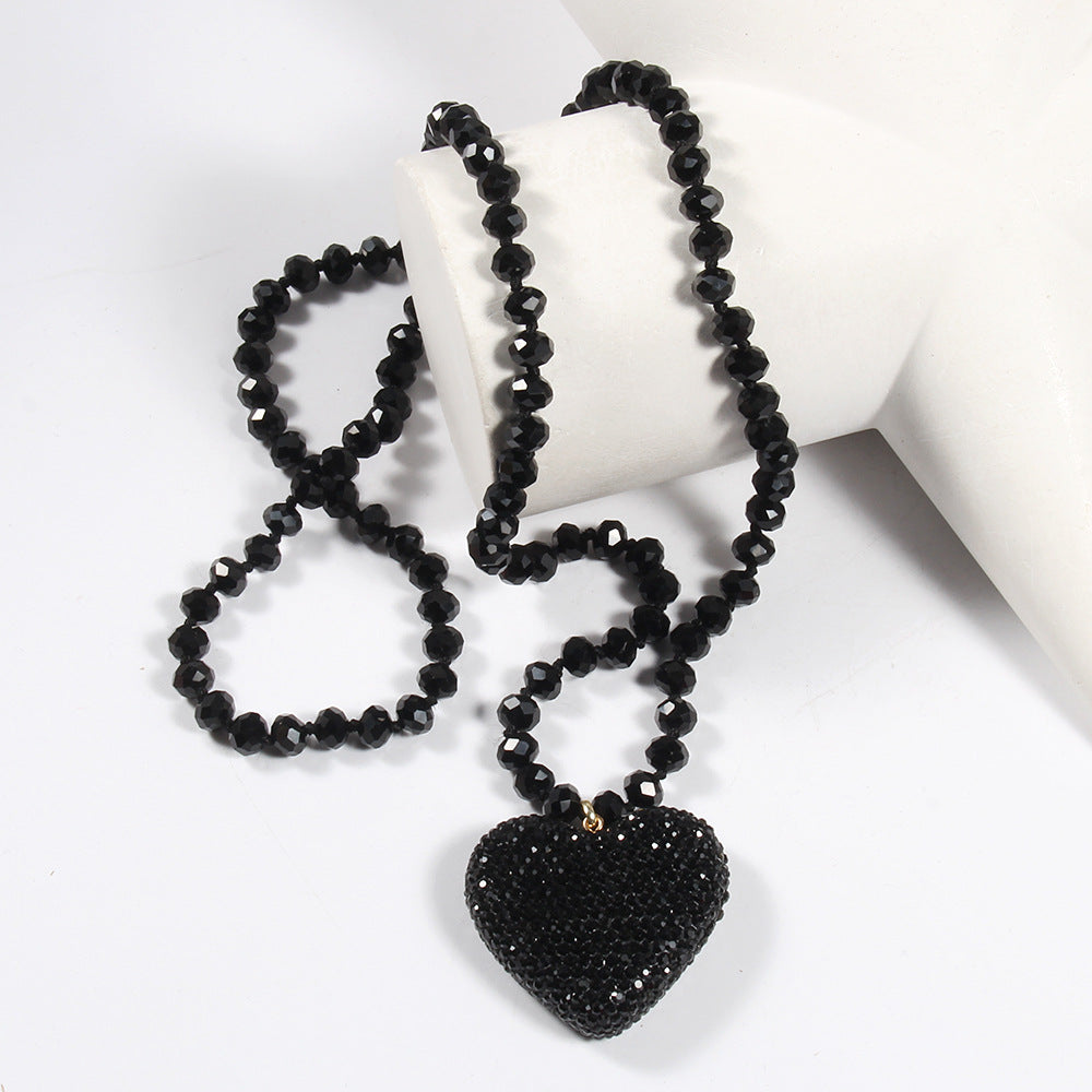 Shiny Heart Shape Glass Rhinestones  Pendant Necklace Sweater Chain In Bulk Natural stone necklace