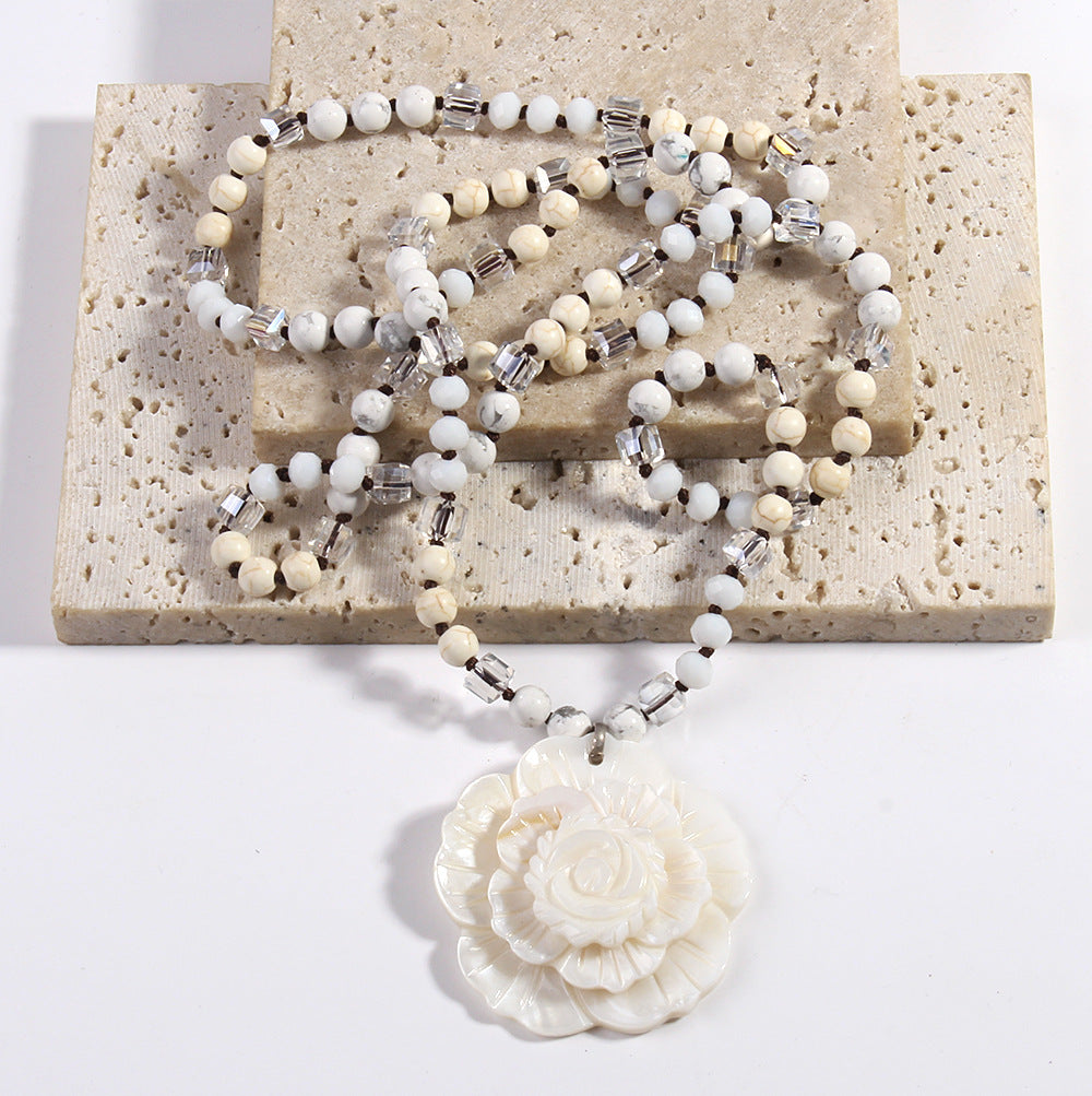 Retro Flower Semi-precious stone Glass Shell  Sweater Chain In Bulk Natural stone necklace