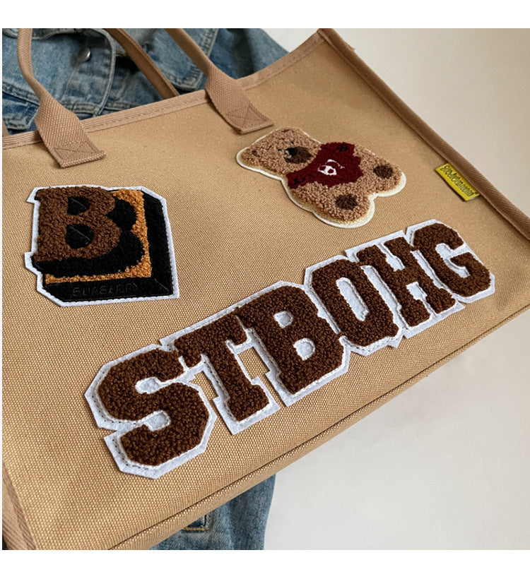 Women's Large Canvas Letter Bear Elegant Classic Style Streetwear Sewing Thread Square Zipper Tote Bag