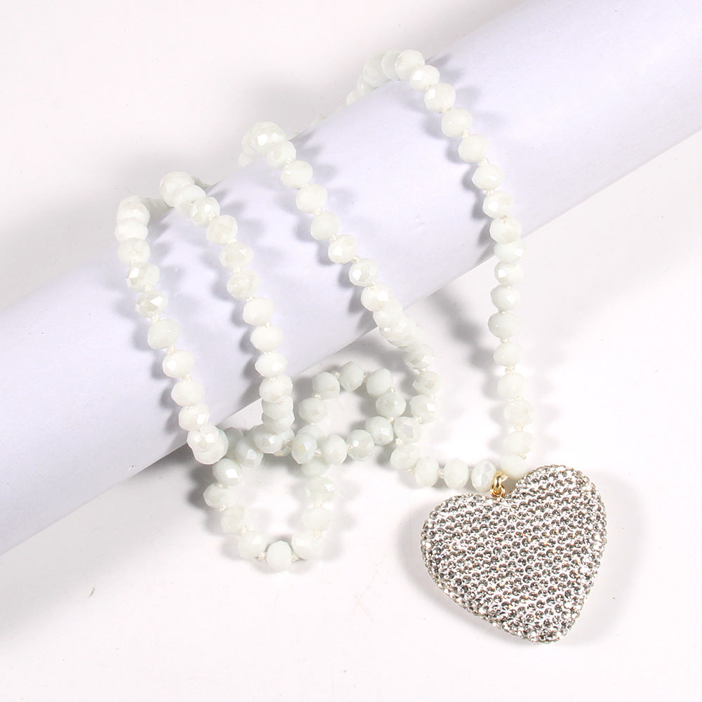 Shiny Heart Shape Glass Rhinestones  Pendant Necklace Sweater Chain In Bulk Natural stone necklace