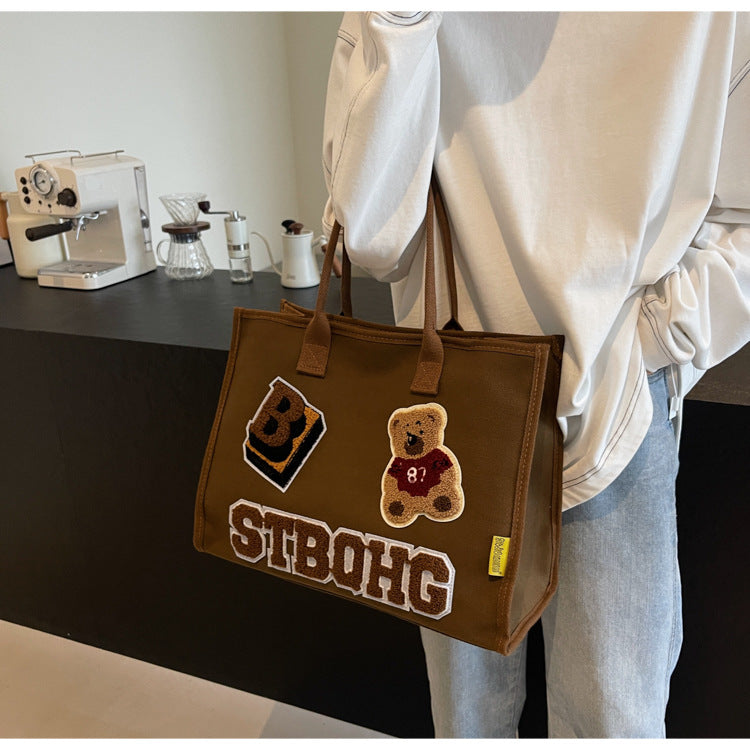 Women's Large Canvas Letter Bear Elegant Classic Style Streetwear Sewing Thread Square Zipper Tote Bag