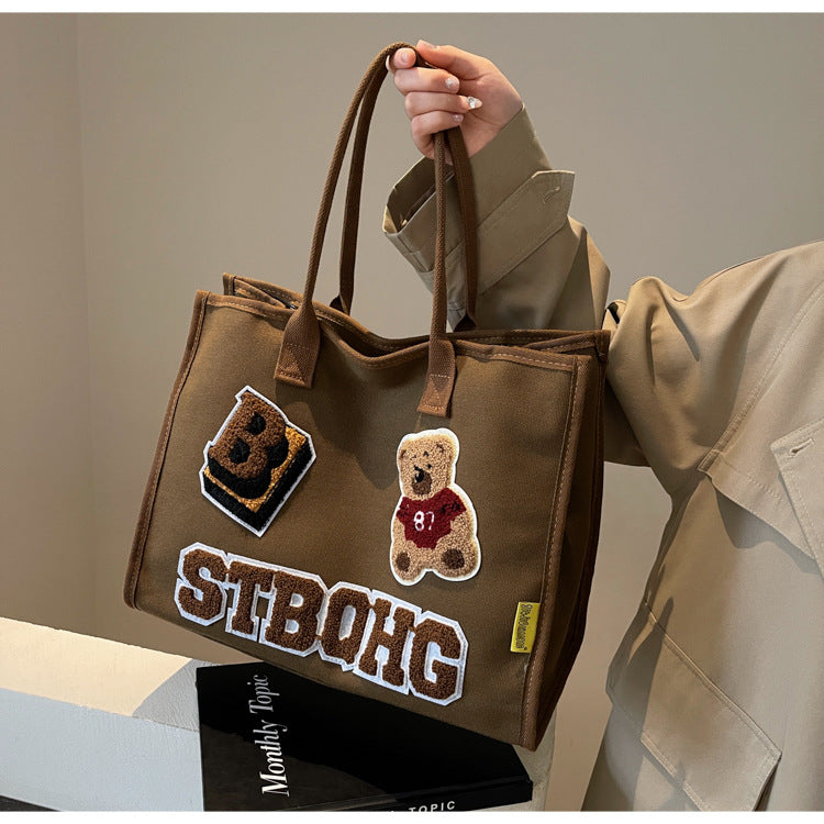 Women's Large Canvas Letter Bear Elegant Classic Style Streetwear Sewing Thread Square Zipper Tote Bag