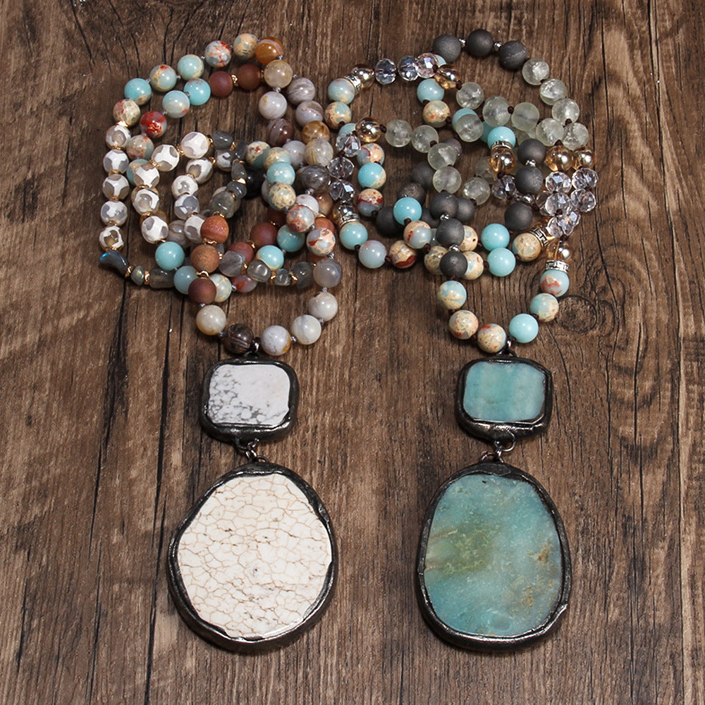 Bohemian Geometric Semi-precious stone Alloy Stone  Pendant Necklace Sweater Chain In Bulk Natural stone necklace