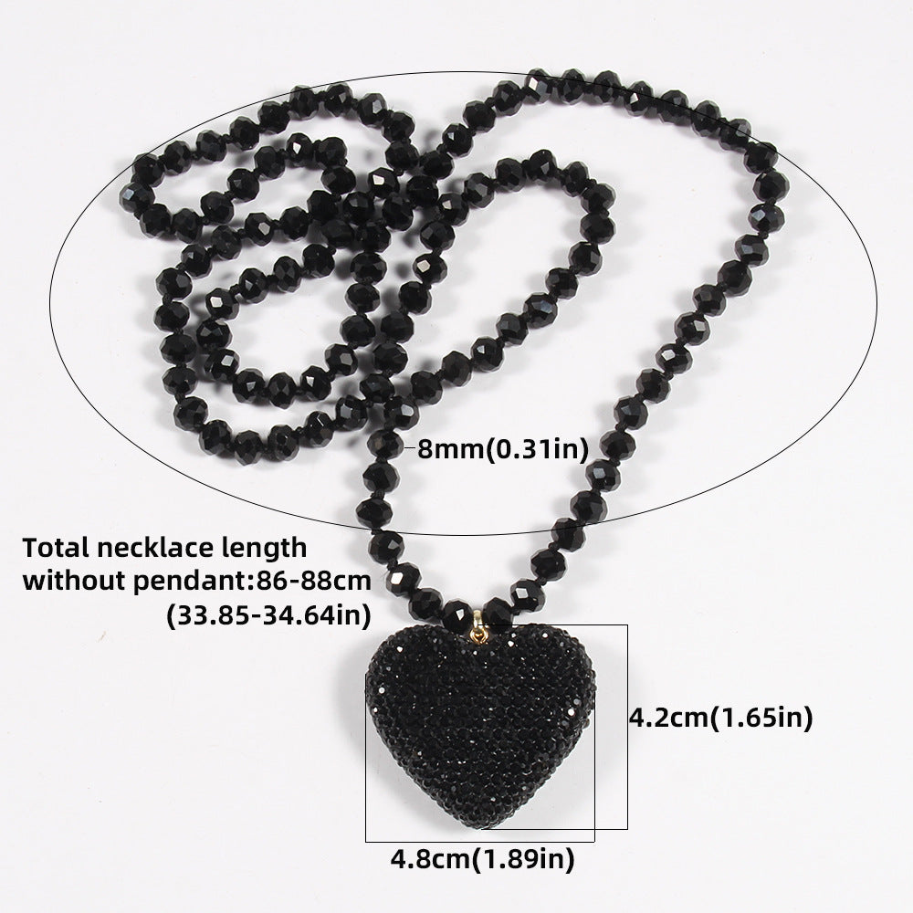 Shiny Heart Shape Glass Rhinestones  Pendant Necklace Sweater Chain In Bulk Natural stone necklace