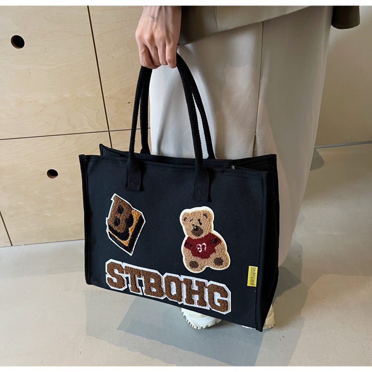 Women's Large Canvas Letter Bear Elegant Classic Style Streetwear Sewing Thread Square Zipper Tote Bag