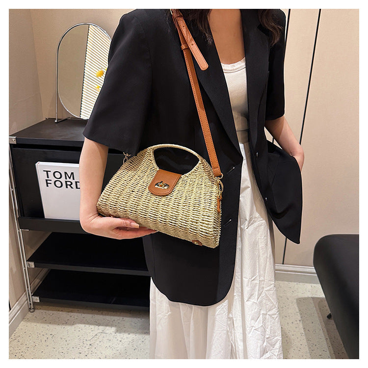 Women'S Small Straw Solid Color Vacation Lock clasp Straw Bag