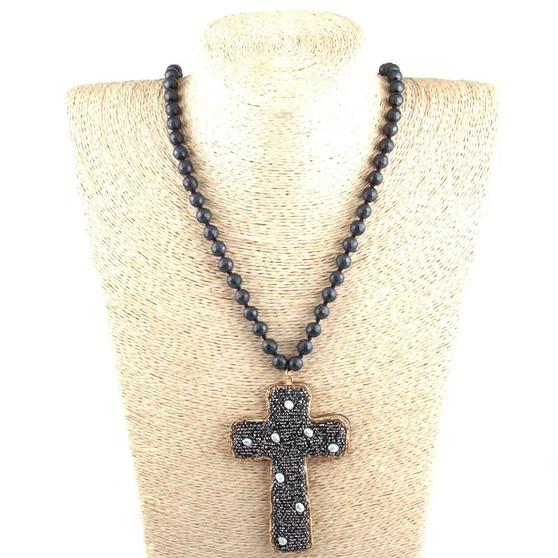 Retro Cross Red Iron Beaded Chain Pendant Necklace Sweater Chain In Bulk Natural stone necklace