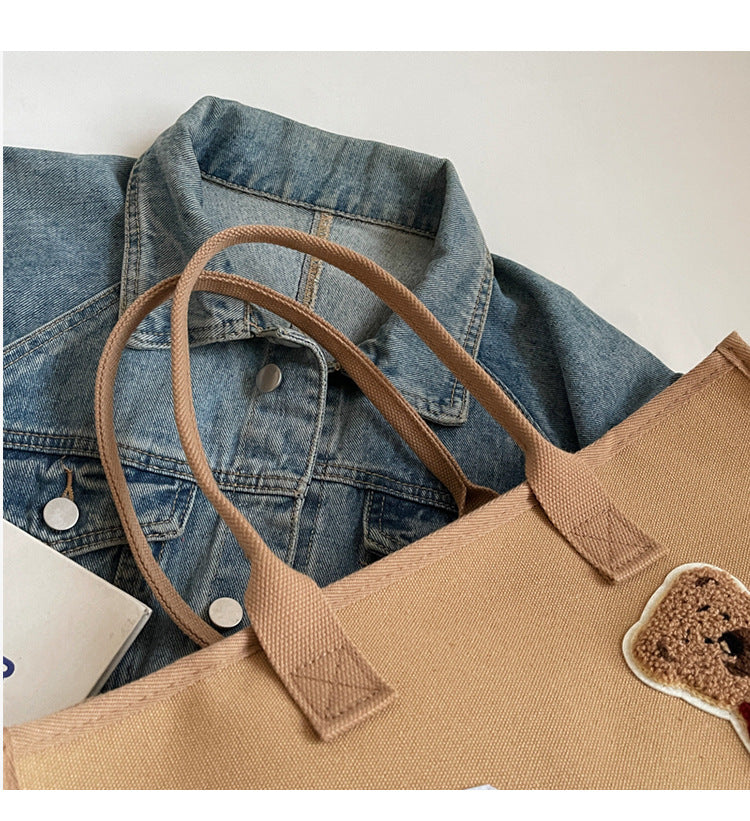 Women's Large Canvas Letter Bear Elegant Classic Style Streetwear Sewing Thread Square Zipper Tote Bag