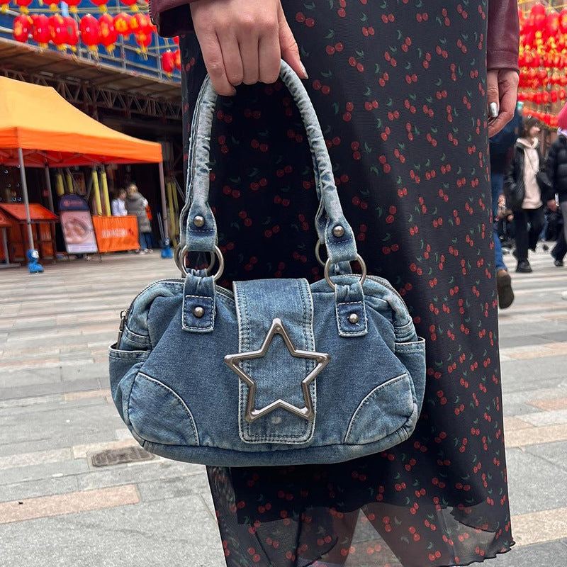 Women's Medium Denim Star Solid Color Streetwear Oval Zipper Shoulder Bag