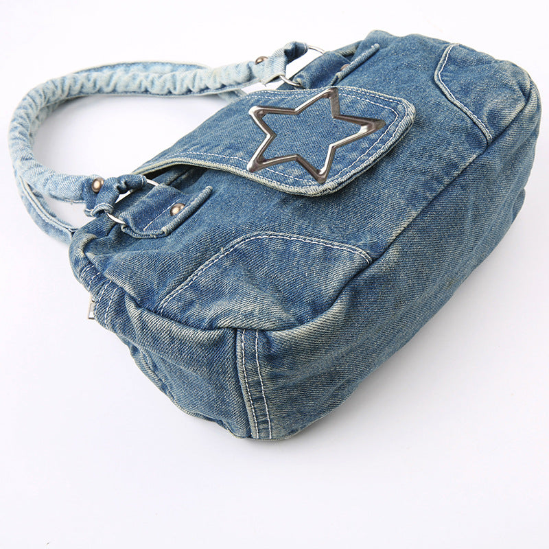 Women's Medium Denim Star Solid Color Streetwear Oval Zipper Shoulder Bag