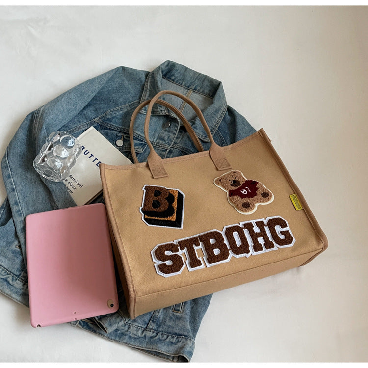 Women's Large Canvas Letter Bear Elegant Classic Style Streetwear Sewing Thread Square Zipper Tote Bag