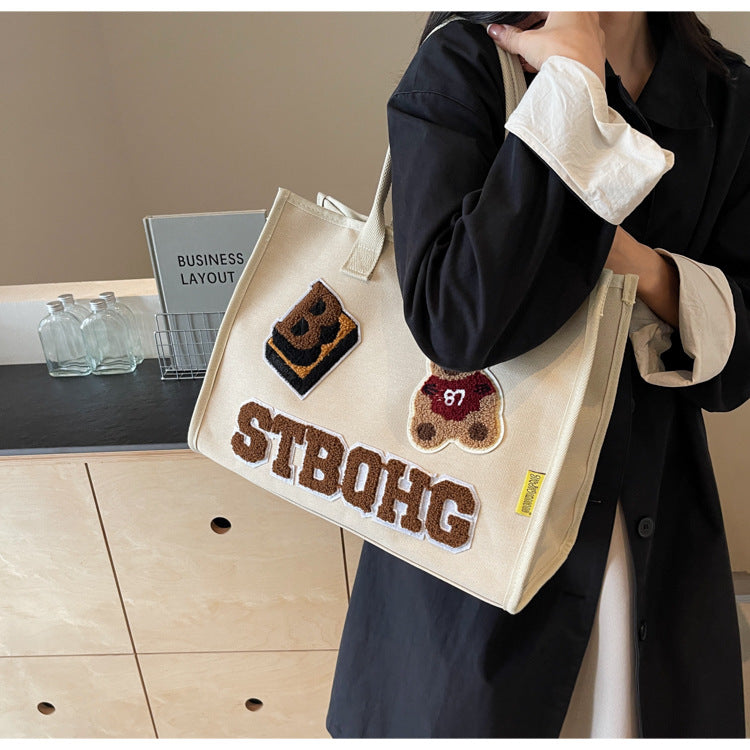 Women's Large Canvas Letter Bear Elegant Classic Style Streetwear Sewing Thread Square Zipper Tote Bag