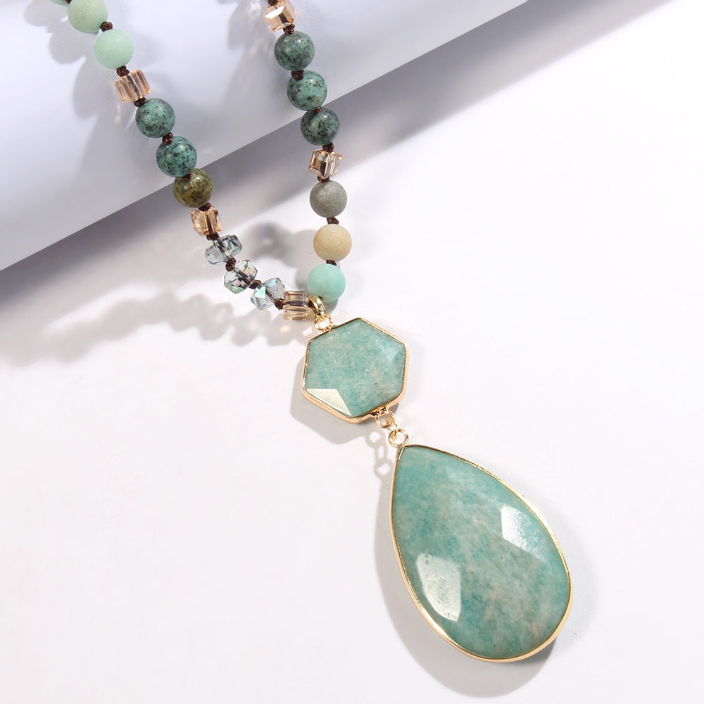 Bohemian Water Droplets natural stone Glass  Pendant Necklace Sweater Chain In Bulk Natural stone necklace