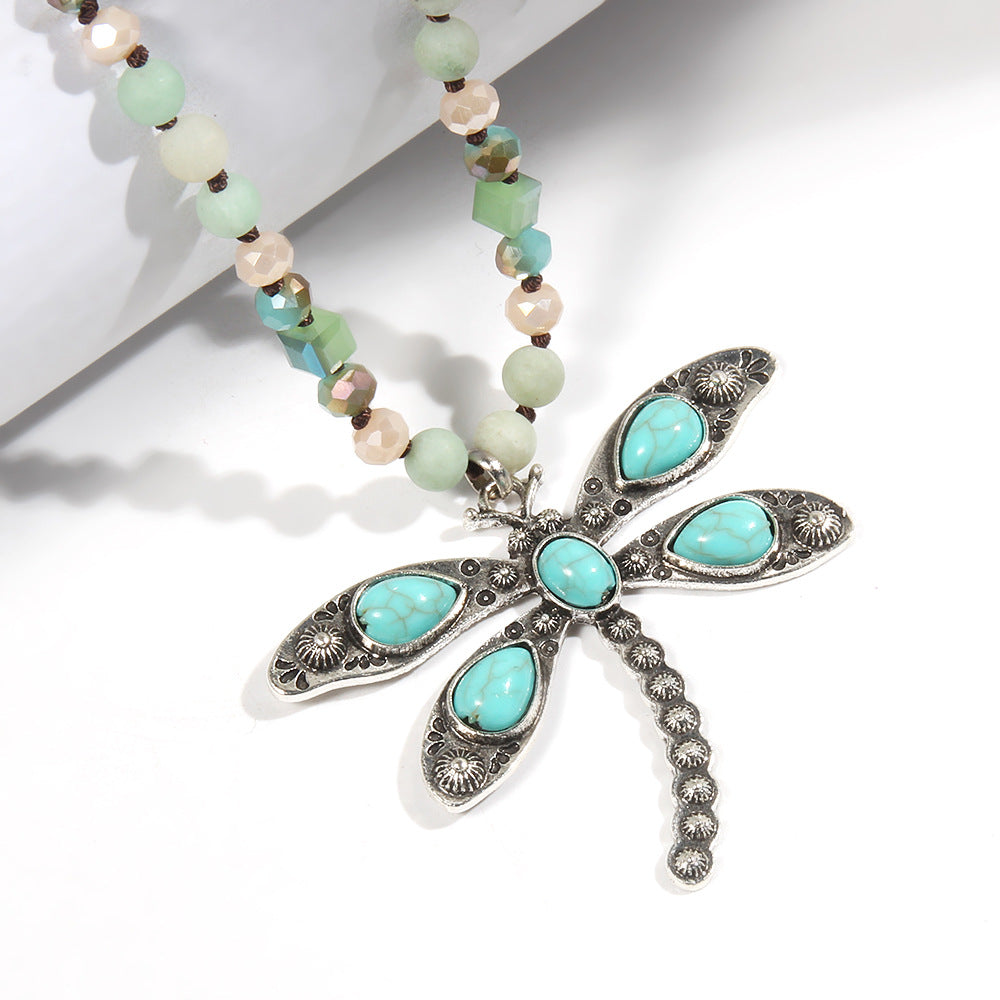 Retro Dragonfly Alloy natural stone Turquoise Beaded Chain Pendant Necklace Sweater Chain In Bulk Natural stone necklace