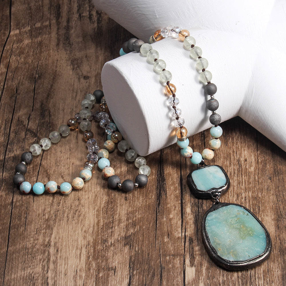 Bohemian Geometric Semi-precious stone Alloy Stone  Pendant Necklace Sweater Chain In Bulk Natural stone necklace