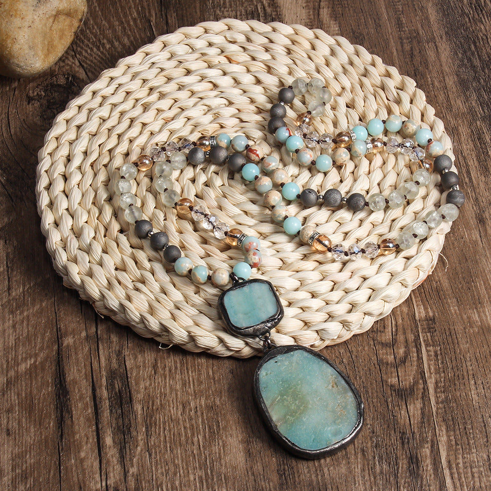 Bohemian Geometric Semi-precious stone Alloy Stone  Pendant Necklace Sweater Chain In Bulk Natural stone necklace