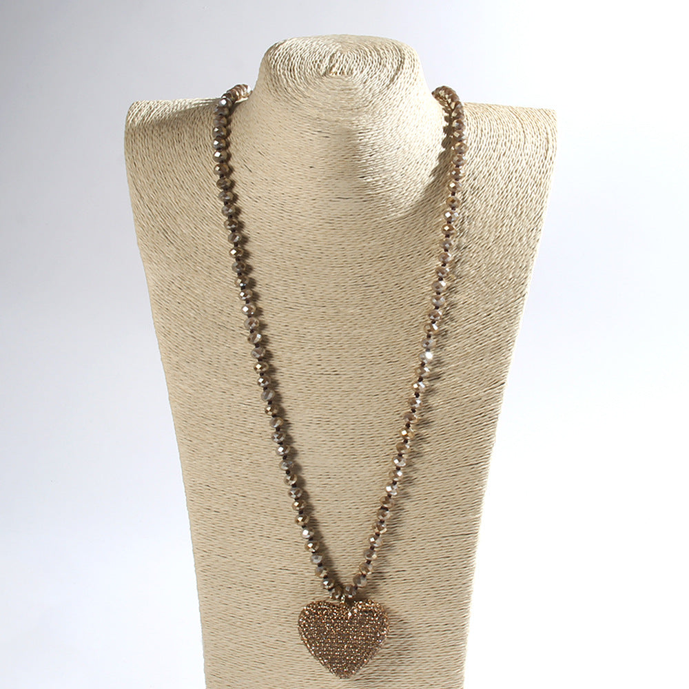 Shiny Heart Shape Glass Rhinestones  Pendant Necklace Sweater Chain In Bulk Natural stone necklace