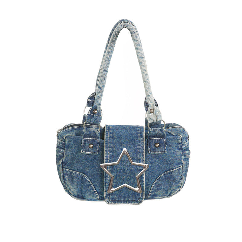 Women's Medium Denim Star Solid Color Streetwear Oval Zipper Shoulder Bag