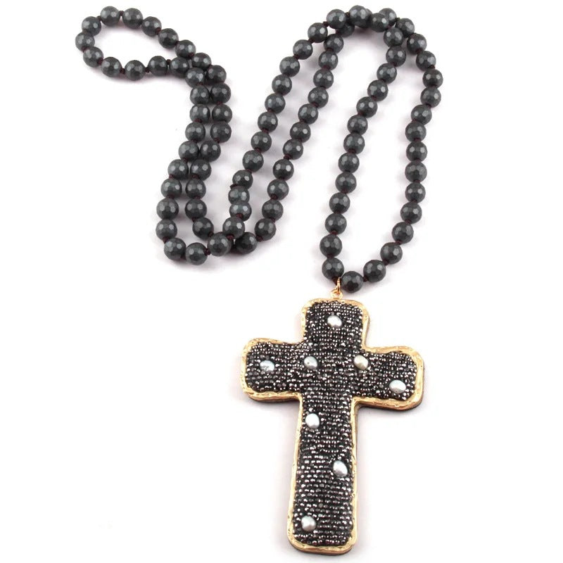 Retro Cross Red Iron Beaded Chain Pendant Necklace Sweater Chain In Bulk Natural stone necklace