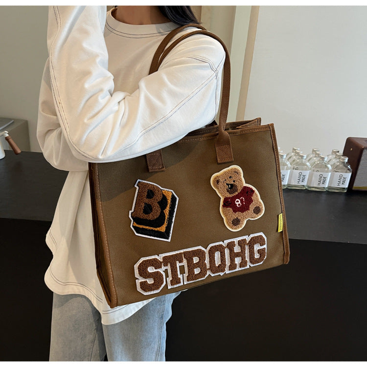 Women's Large Canvas Letter Bear Elegant Classic Style Streetwear Sewing Thread Square Zipper Tote Bag