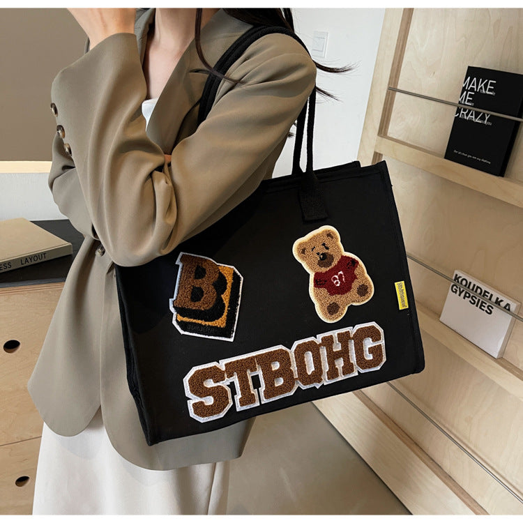 Women's Large Canvas Letter Bear Elegant Classic Style Streetwear Sewing Thread Square Zipper Tote Bag