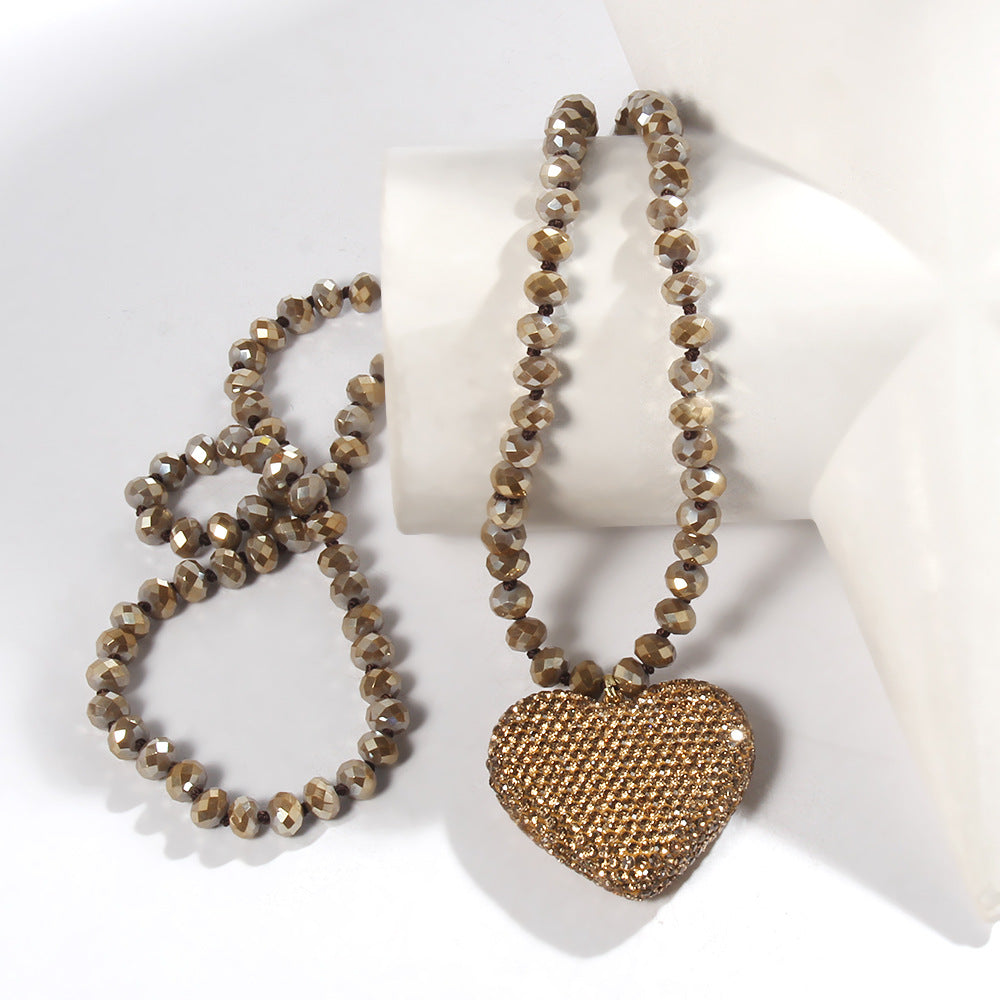 Shiny Heart Shape Glass Rhinestones  Pendant Necklace Sweater Chain In Bulk Natural stone necklace