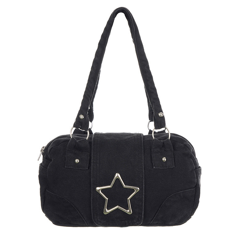 Women's Medium Denim Star Solid Color Streetwear Oval Zipper Shoulder Bag