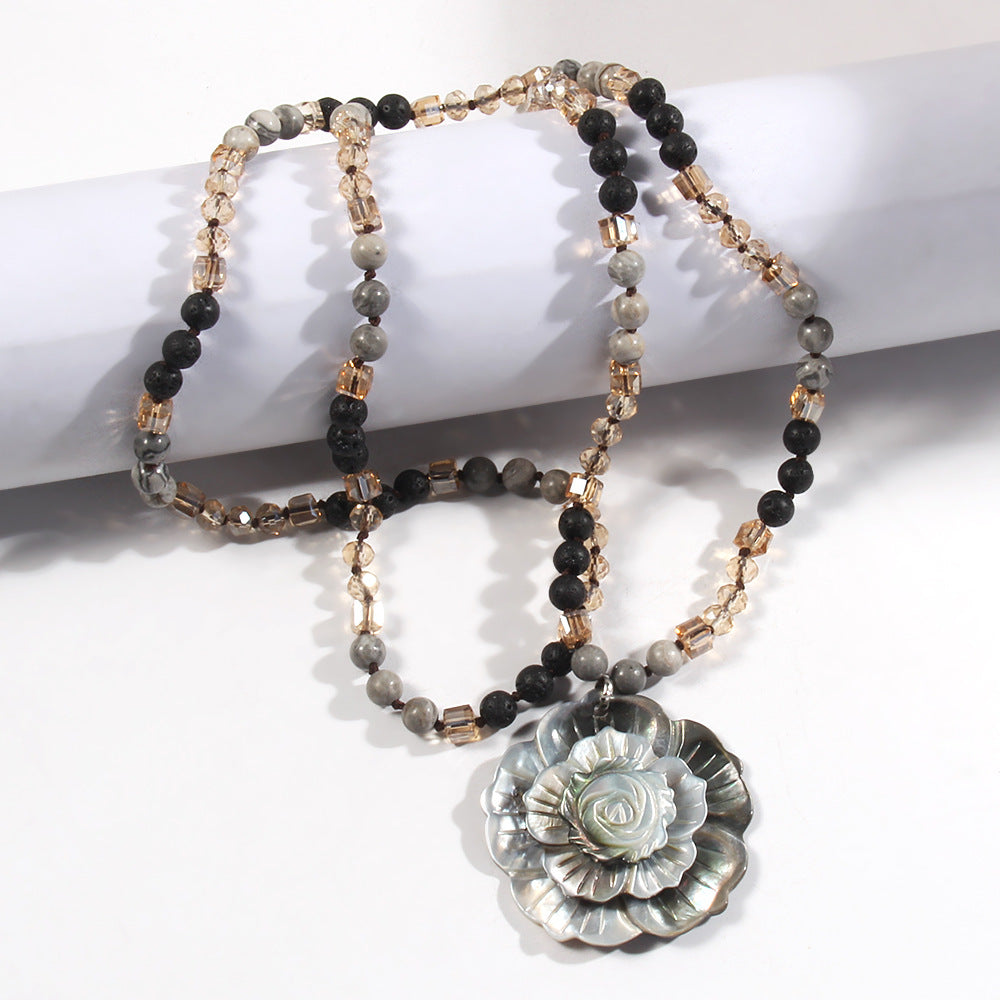 Retro Flower Semi-precious stone Glass Shell  Sweater Chain In Bulk Natural stone necklace