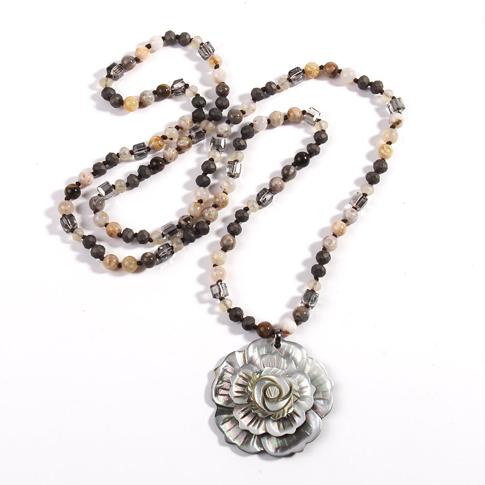 Retro Flower Semi-precious stone Glass Shell  Sweater Chain In Bulk Natural stone necklace
