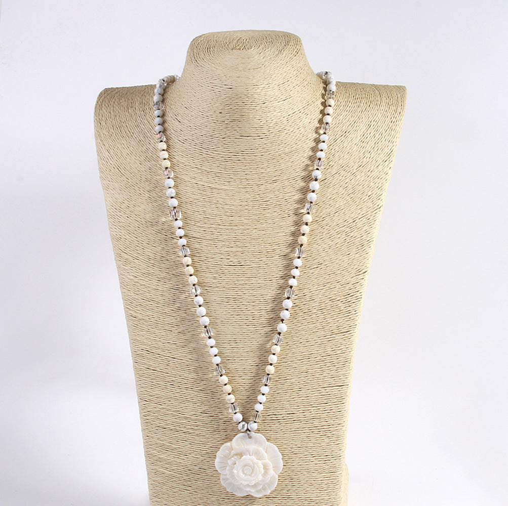 Retro Flower Semi-precious stone Glass Shell  Sweater Chain In Bulk Natural stone necklace