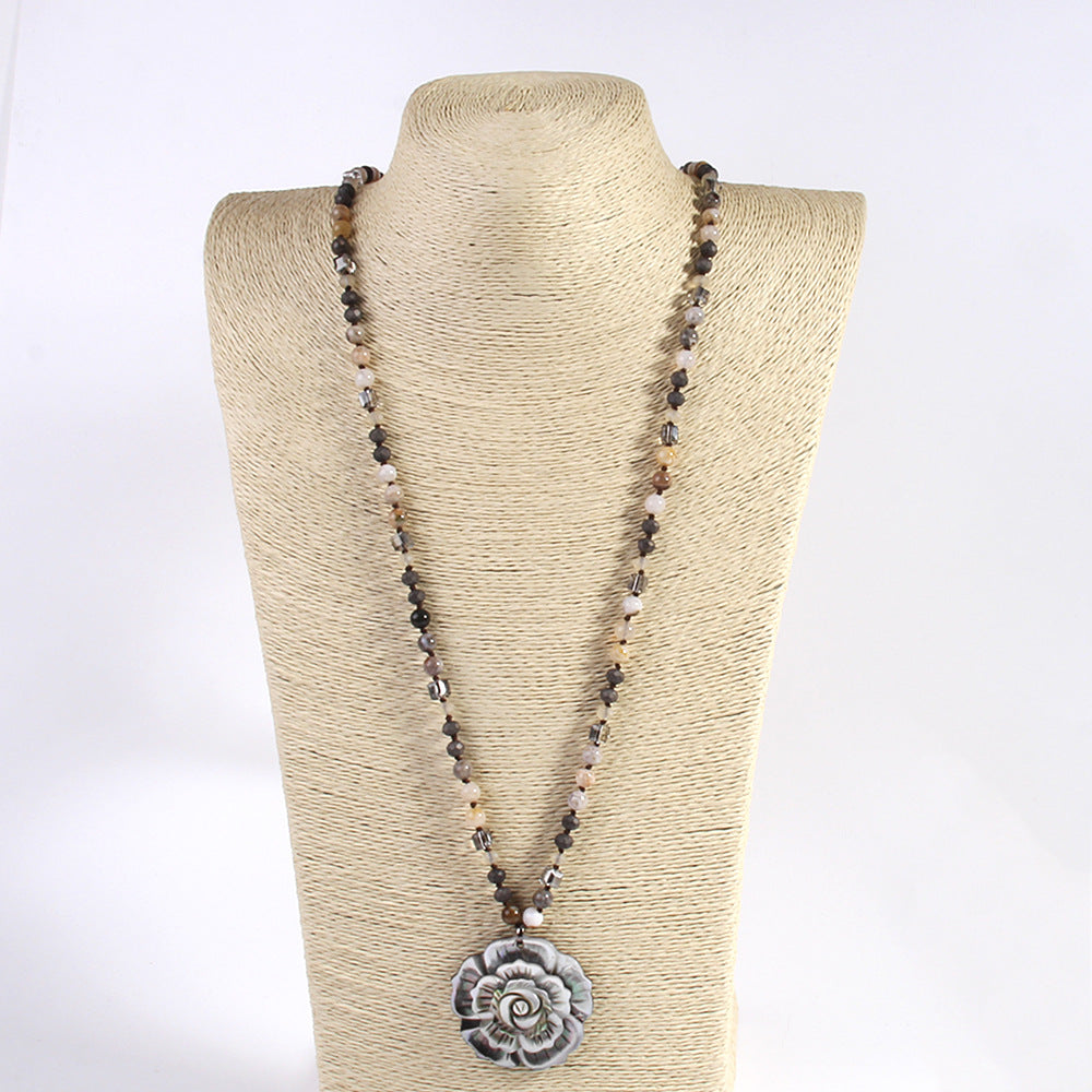 Retro Flower Semi-precious stone Glass Shell  Sweater Chain In Bulk Natural stone necklace