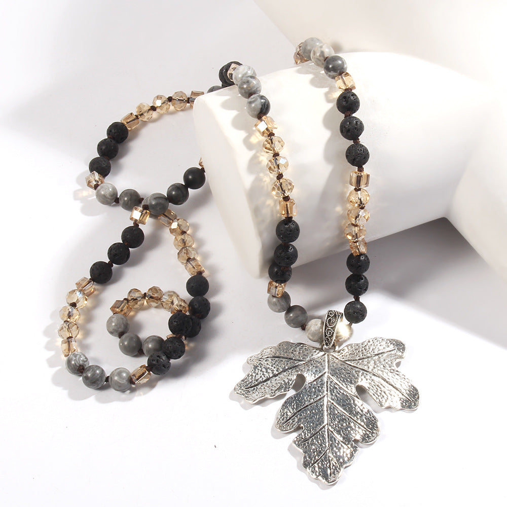 Retro Leaf Alloy natural stone Glass  Pendant Necklace Sweater Chain In Bulk Natural stone necklace